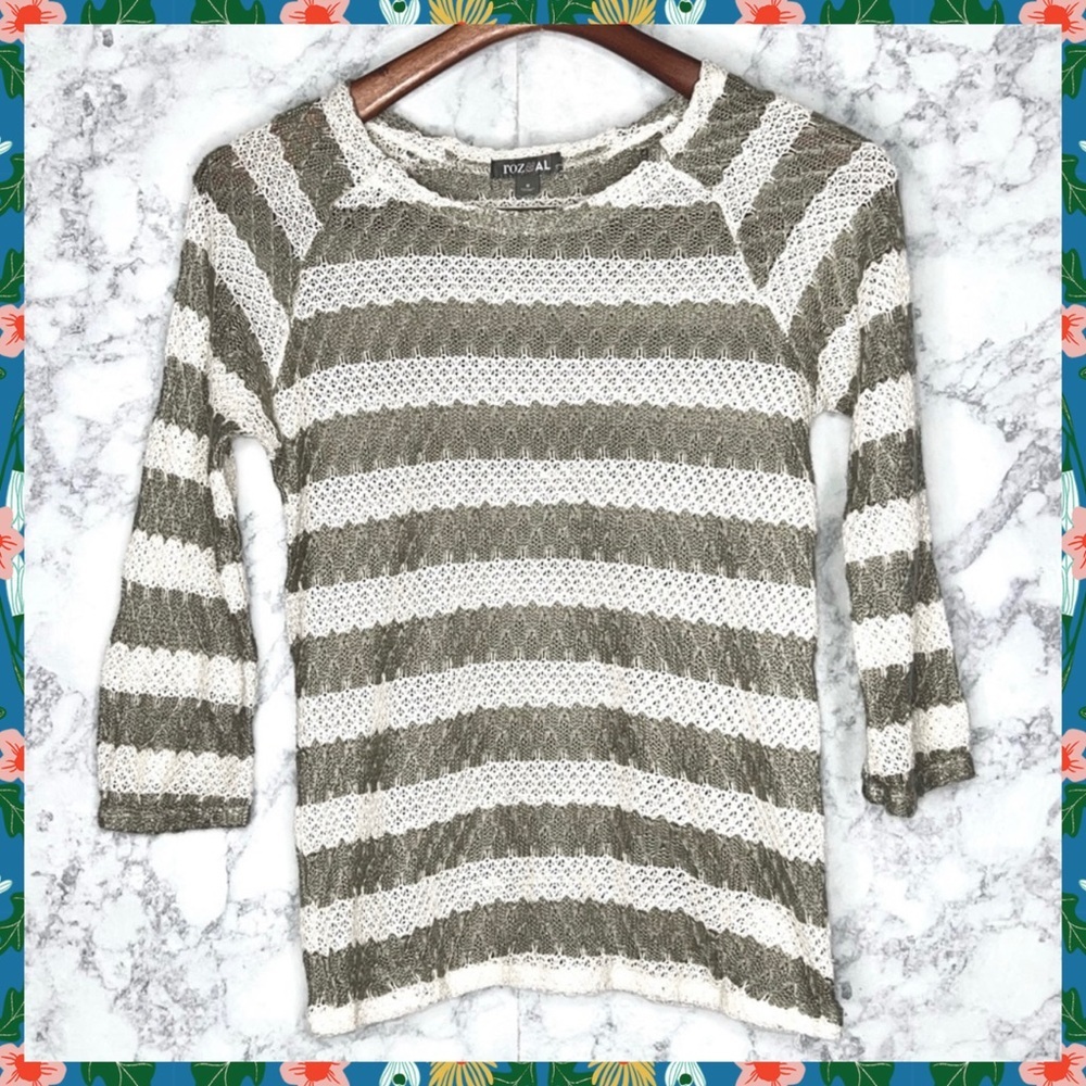 Roz & Ali 90s Open Knit Stripe Sweater Women’s Small Olive Green Cream